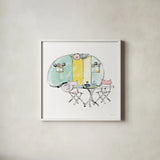Girlfriends Cabin III Sq no Words by Sue Schlabach. Shown in a crisp white glass frame for a clean and minimalist style. Available as an archival giclee rolled canvas, fine art paper, or poster print. SKU 30490a.