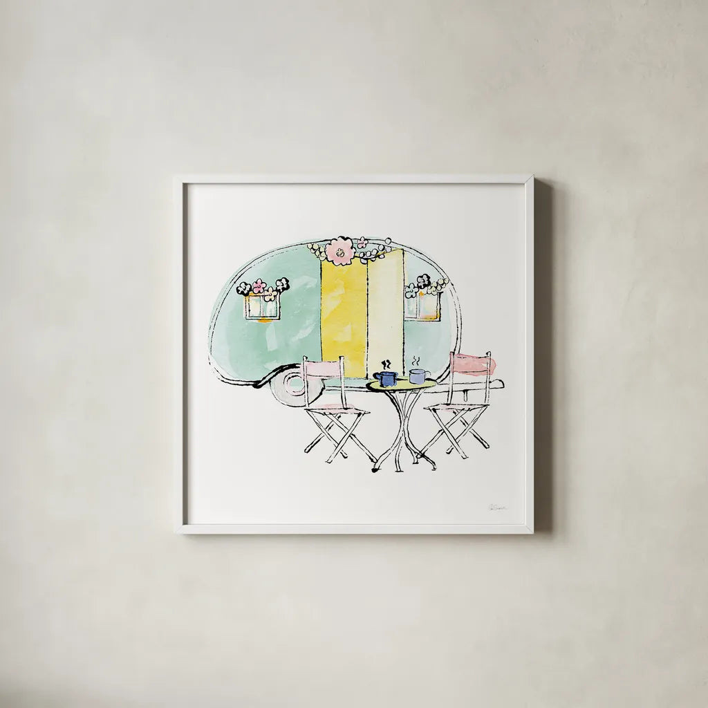 Girlfriends Cabin III Sq no Words by Sue Schlabach. Shown in a crisp white glass frame for a clean and minimalist style. Available as an archival giclee rolled canvas, fine art paper, or poster print. SKU 30490a.