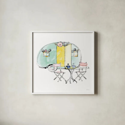 Girlfriends Cabin III Sq no Words by Sue Schlabach. Shown in a crisp white glass frame for a clean and minimalist style. Available as an archival giclee rolled canvas, fine art paper, or poster print. SKU 30490a.