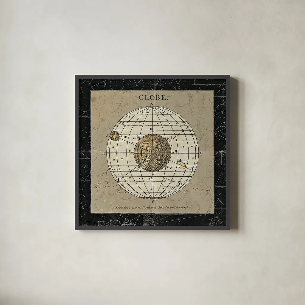 Globe by Sue Schlabach. Shown in a sleek black glass frame for a contemporary gallery look. Available as an archival giclee rolled canvas, fine art paper, or poster print. SKU 14757a.