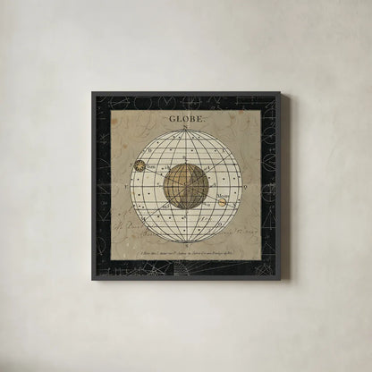 Globe by Sue Schlabach. Shown in a sleek black glass frame for a contemporary gallery look. Available as an archival giclee rolled canvas, fine art paper, or poster print. SKU 14757a.