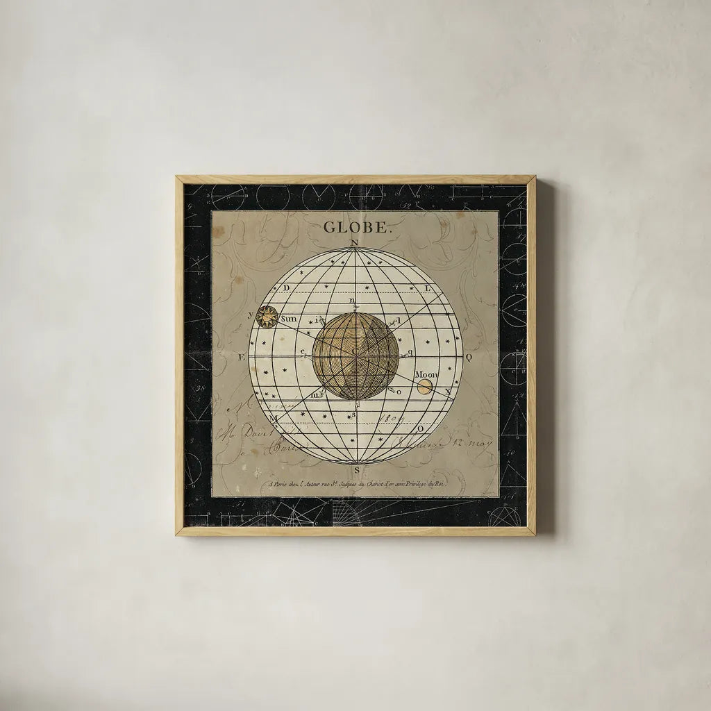 Globe by Sue Schlabach. Shown in a natural wood glass frame for a timeless modern aesthetic. Available as an archival giclee rolled canvas, fine art paper, or poster print. SKU 14757a.