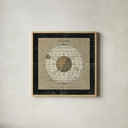 Globe by Sue Schlabach. Shown in a natural wood glass frame for a timeless modern aesthetic. Available as an archival giclee rolled canvas, fine art paper, or poster print. SKU 14757a.