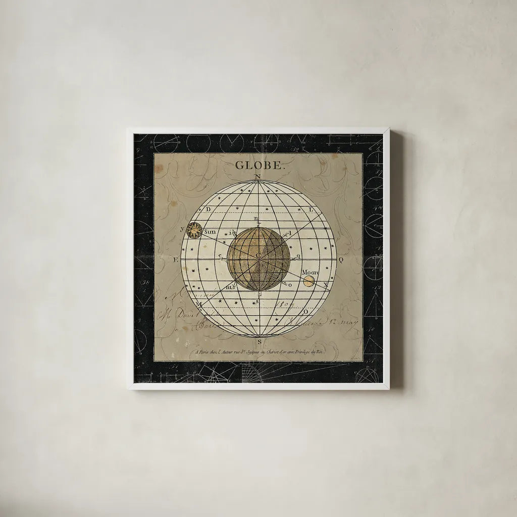 Globe by Sue Schlabach. Shown in a crisp white glass frame for a clean and minimalist style. Available as an archival giclee rolled canvas, fine art paper, or poster print. SKU 14757a.