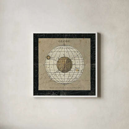 Globe by Sue Schlabach. Shown in a crisp white glass frame for a clean and minimalist style. Available as an archival giclee rolled canvas, fine art paper, or poster print. SKU 14757a.