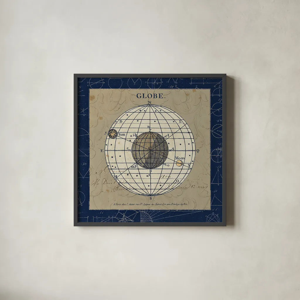 Globe Blue by Sue Schlabach. Shown in a sleek black glass frame for a contemporary gallery look. Available as an archival giclee rolled canvas, fine art paper, or poster print. SKU 14541a.