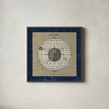 Globe Blue by Sue Schlabach. Shown in a sleek black glass frame for a contemporary gallery look. Available as an archival giclee rolled canvas, fine art paper, or poster print. SKU 14541a.