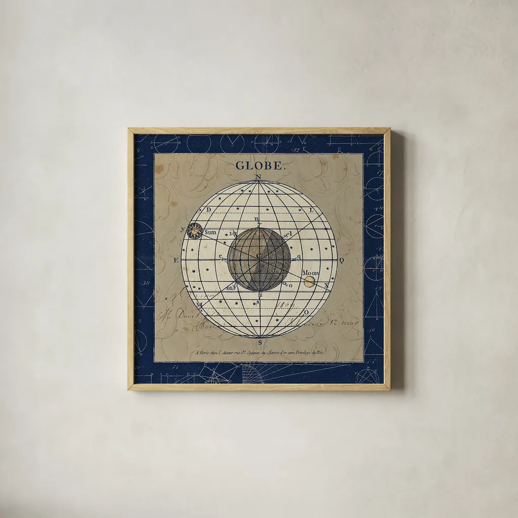 Globe Blue by Sue Schlabach. Shown in a natural wood glass frame for a timeless modern aesthetic. Available as an archival giclee rolled canvas, fine art paper, or poster print. SKU 14541a.