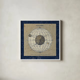 Globe Blue by Sue Schlabach. Shown in a crisp white glass frame for a clean and minimalist style. Available as an archival giclee rolled canvas, fine art paper, or poster print. SKU 14541a.