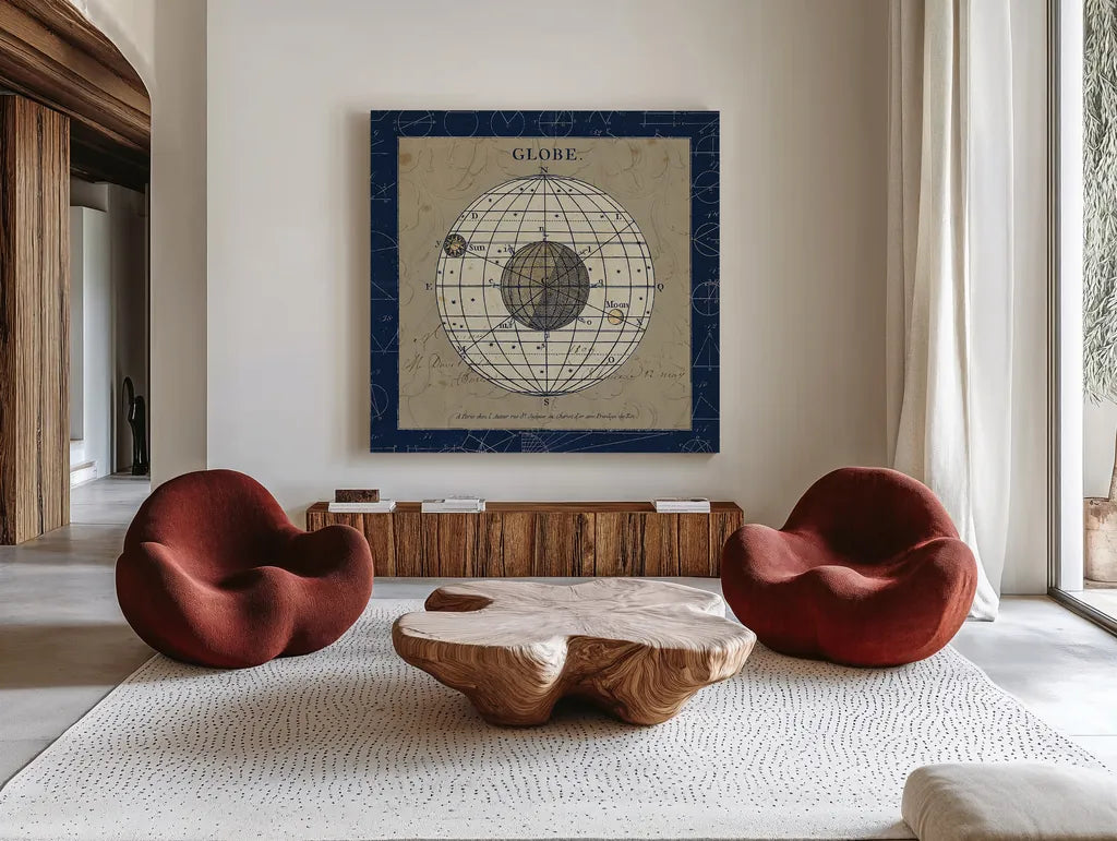 Globe Blue by Sue Schlabach. Shown as extra-large giant wall art in a modern living room. Available as an archival giclee rolled canvas, fine art paper, or poster print. SKU 14541a.