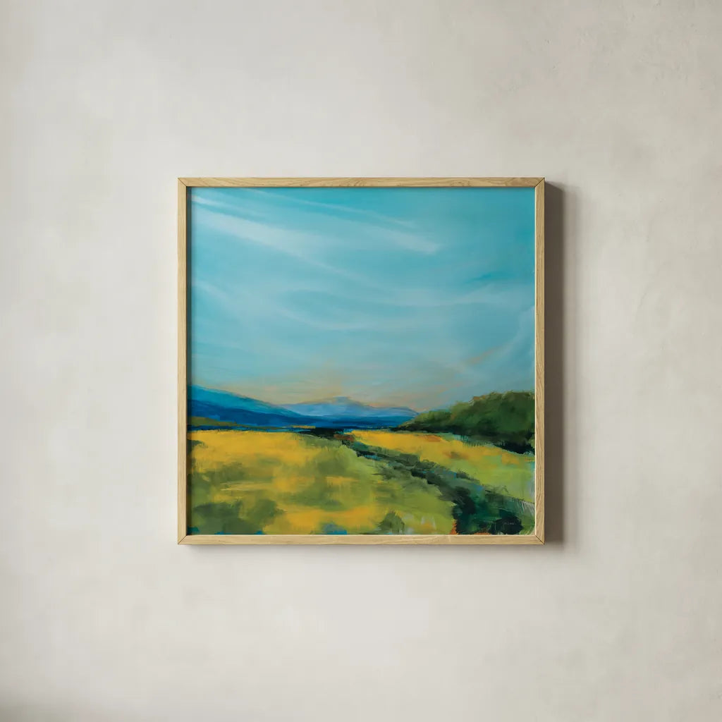 Golden Fields by Sue Schlabach. Shown in a natural wood glass frame for a timeless modern aesthetic. Available as an archival giclee rolled canvas, fine art paper, or poster print. SKU 82699a.