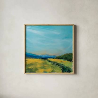 Golden Fields by Sue Schlabach. Shown in a natural wood glass frame for a timeless modern aesthetic. Available as an archival giclee rolled canvas, fine art paper, or poster print. SKU 82699a.