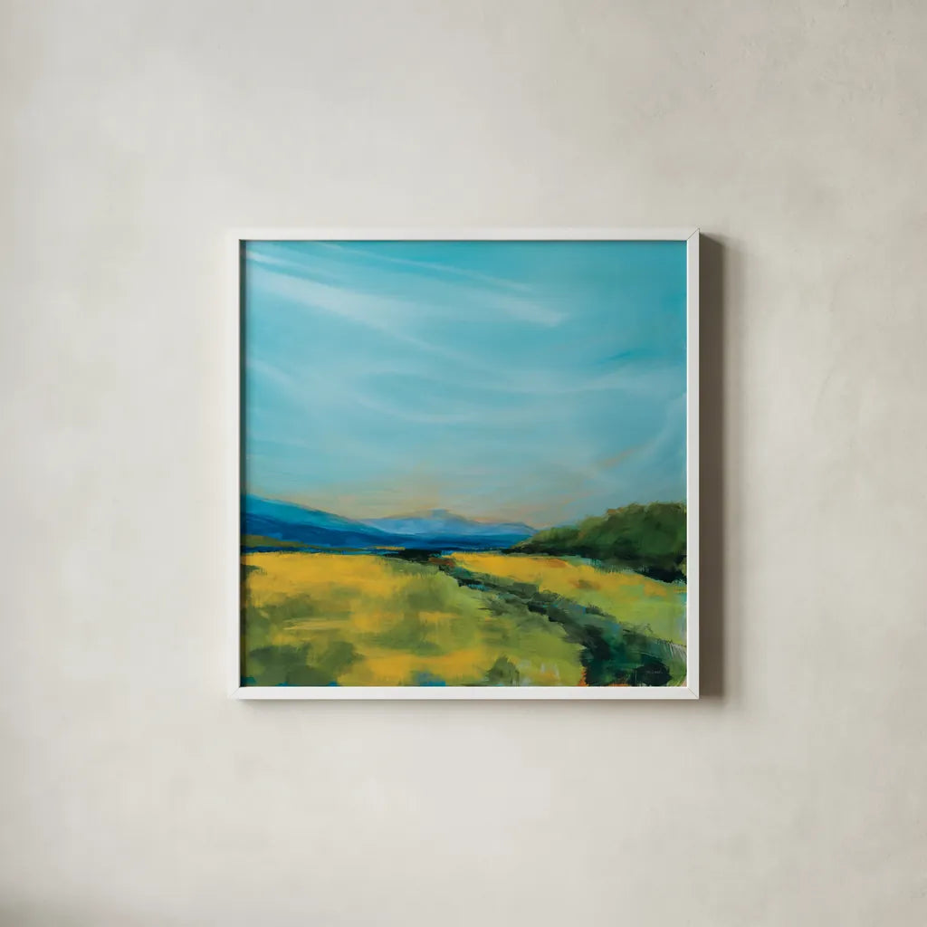 Golden Fields by Sue Schlabach. Shown in a crisp white glass frame for a clean and minimalist style. Available as an archival giclee rolled canvas, fine art paper, or poster print. SKU 82699a.