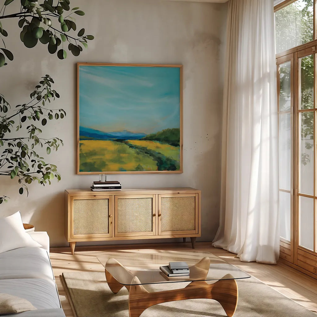 Golden Fields by Sue Schlabach. Shown in a natural wood frame in a cozy modern living room. Available as an archival giclee rolled canvas, fine art paper, or poster print. SKU 82699a.