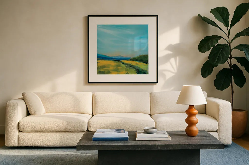 Golden Fields by Sue Schlabach. Displayed in a glass frame with matte in a clean modern living room. Available as an archival giclee rolled canvas, fine art paper, or poster print. SKU 82699a.