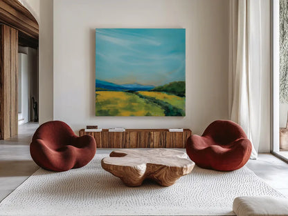 Golden Fields by Sue Schlabach. Shown as extra-large giant wall art in a modern living room. Available as an archival giclee rolled canvas, fine art paper, or poster print. SKU 82699a.