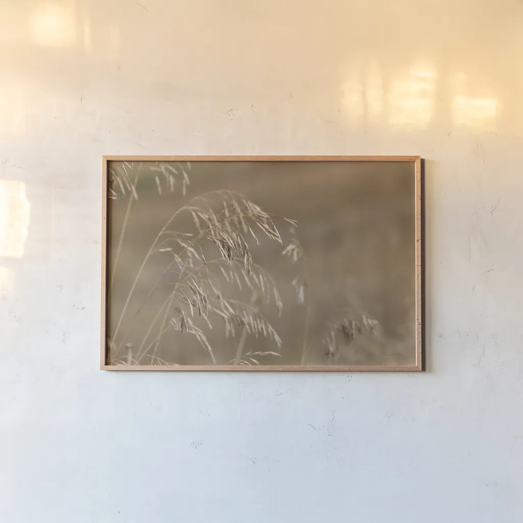 Golden Grasses I by Sue Schlabach. shown as a paper print in a natural frame. Available as a archival giclee rolled canvas, fine art paper, or poster print. SKU 82863i.
