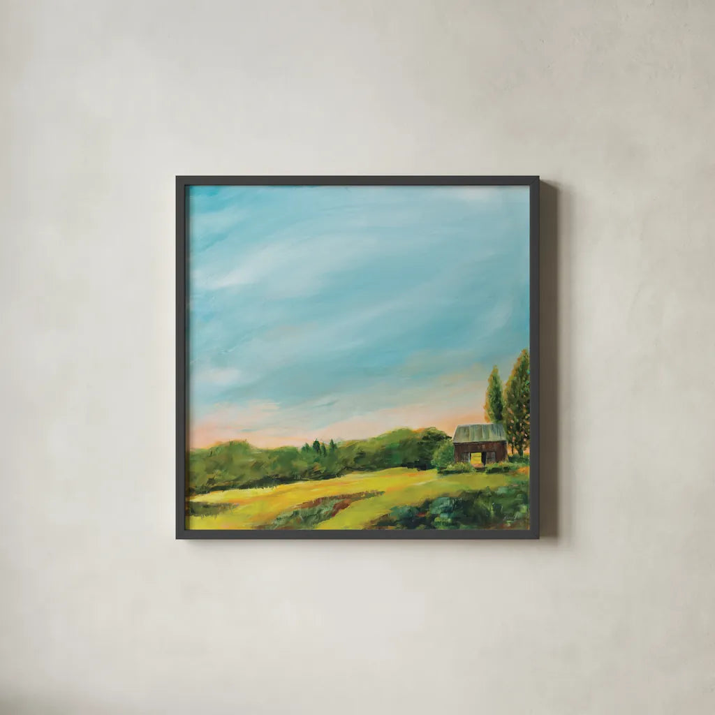 Golden Hour by Sue Schlabach. Shown in a sleek black glass frame for a contemporary gallery look. Available as an archival giclee rolled canvas, fine art paper, or poster print. SKU 79250a.