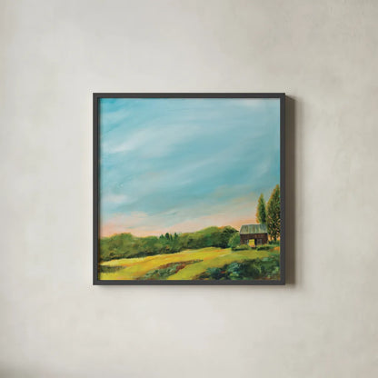 Golden Hour by Sue Schlabach. Shown in a sleek black glass frame for a contemporary gallery look. Available as an archival giclee rolled canvas, fine art paper, or poster print. SKU 79250a.