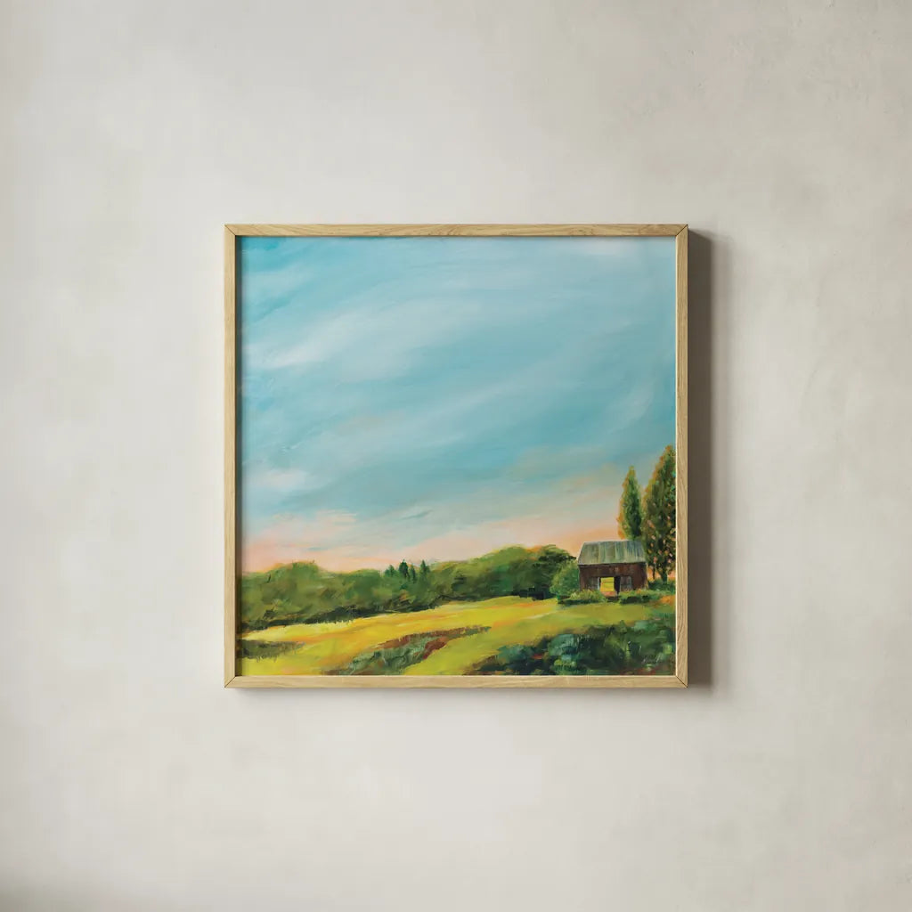 Golden Hour by Sue Schlabach. Shown in a natural wood glass frame for a timeless modern aesthetic. Available as an archival giclee rolled canvas, fine art paper, or poster print. SKU 79250a.