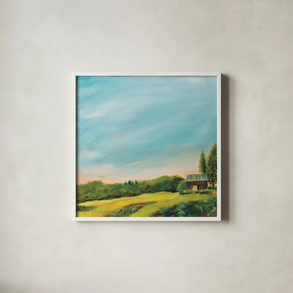 Golden Hour by Sue Schlabach. Shown in a crisp white glass frame for a clean and minimalist style. Available as an archival giclee rolled canvas, fine art paper, or poster print. SKU 79250a.