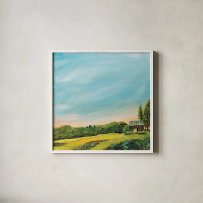 Golden Hour by Sue Schlabach. Shown in a crisp white glass frame for a clean and minimalist style. Available as an archival giclee rolled canvas, fine art paper, or poster print. SKU 79250a.