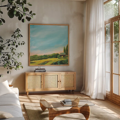 Golden Hour by Sue Schlabach. Shown in a natural wood frame in a cozy modern living room. Available as an archival giclee rolled canvas, fine art paper, or poster print. SKU 79250a.