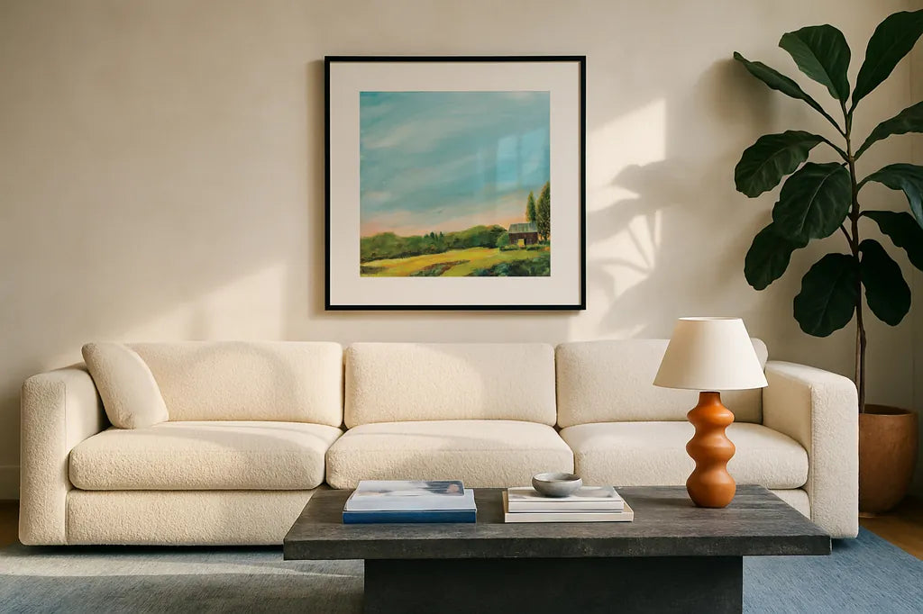 Golden Hour by Sue Schlabach. Displayed in a glass frame with matte in a clean modern living room. Available as an archival giclee rolled canvas, fine art paper, or poster print. SKU 79250a.