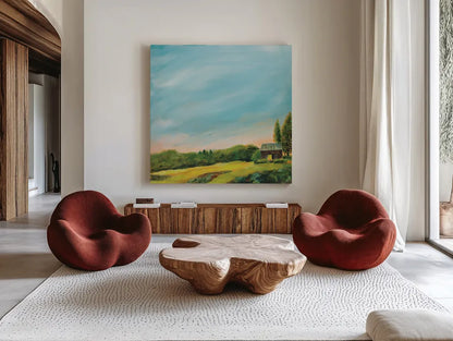 Golden Hour by Sue Schlabach. Shown as extra-large giant wall art in a modern living room. Available as an archival giclee rolled canvas, fine art paper, or poster print. SKU 79250a.