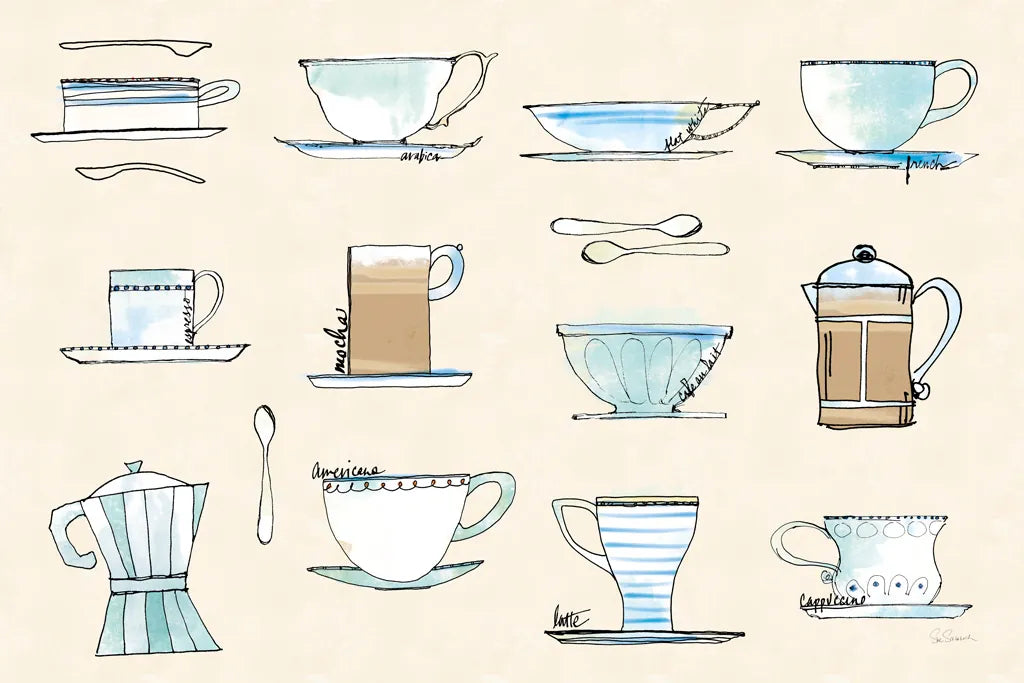 Good Brew Coffee Cups by Sue Schlabach. SKU 56993i. Archival Giclee Fine art print for wall decor.