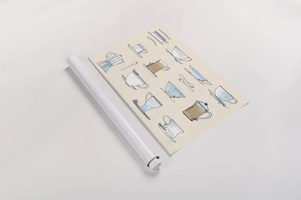 Good Brew Coffee Cups by Sue Schlabach. shown as a rolled paper print. Available as archival giclee rolled canvas, fine art paper, or poster print. SKU 56993i.