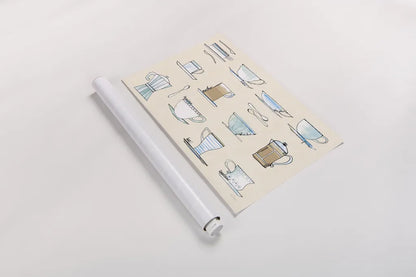 Good Brew Coffee Cups by Sue Schlabach. shown as a rolled paper print. Available as archival giclee rolled canvas, fine art paper, or poster print. SKU 56993i.