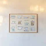 Good Brew Coffee Cups by Sue Schlabach. shown as a paper print in a natural frame. Available as a archival giclee rolled canvas, fine art paper, or poster print. SKU 56993i.
