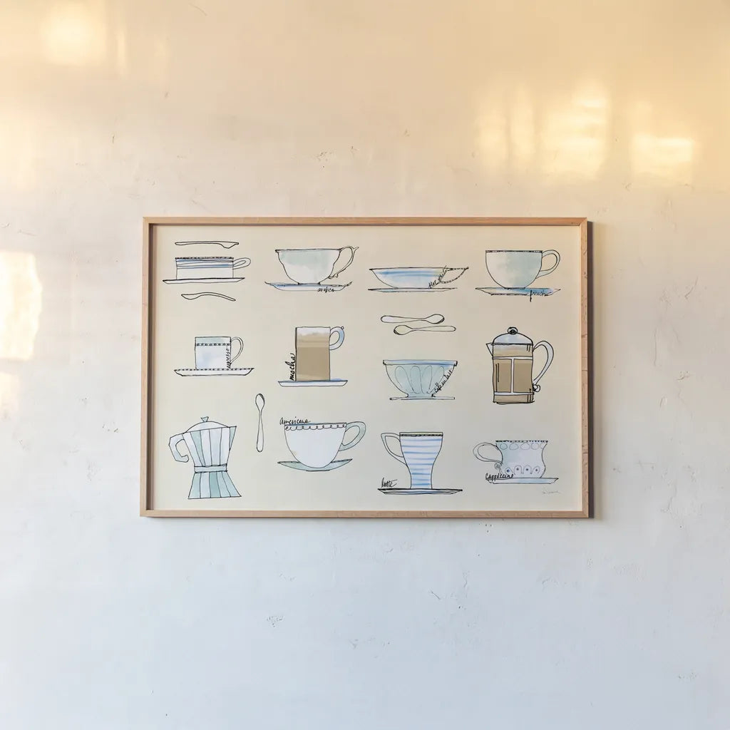 Good Brew Coffee Cups by Sue Schlabach. shown as a paper print in a natural frame. Available as a archival giclee rolled canvas, fine art paper, or poster print. SKU 56993i.