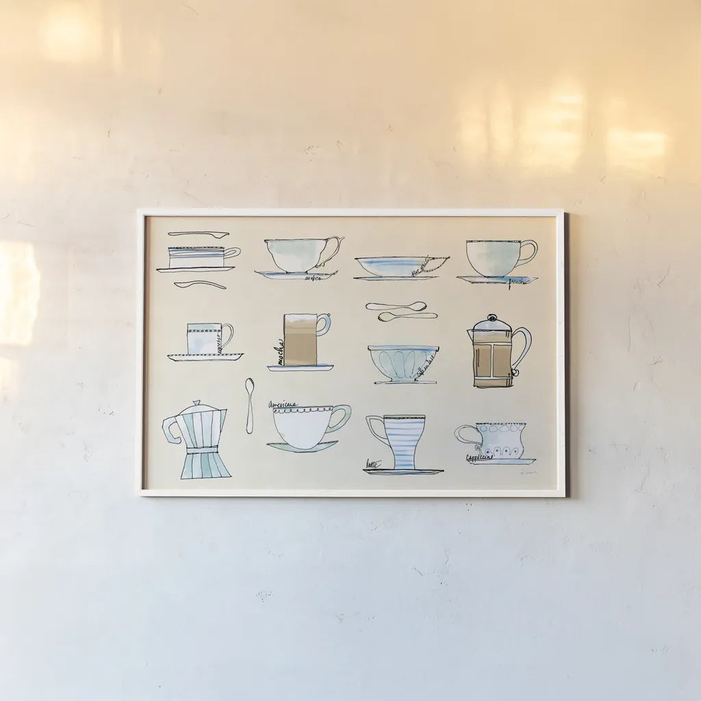 Good Brew Coffee Cups by Sue Schlabach. shown as a paper print in a white frame. Available as a archival giclee rolled canvas, fine art paper, or poster print. SKU 56993i.
