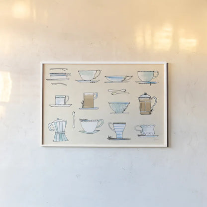 Good Brew Coffee Cups by Sue Schlabach. shown as a paper print in a white frame. Available as a archival giclee rolled canvas, fine art paper, or poster print. SKU 56993i.
