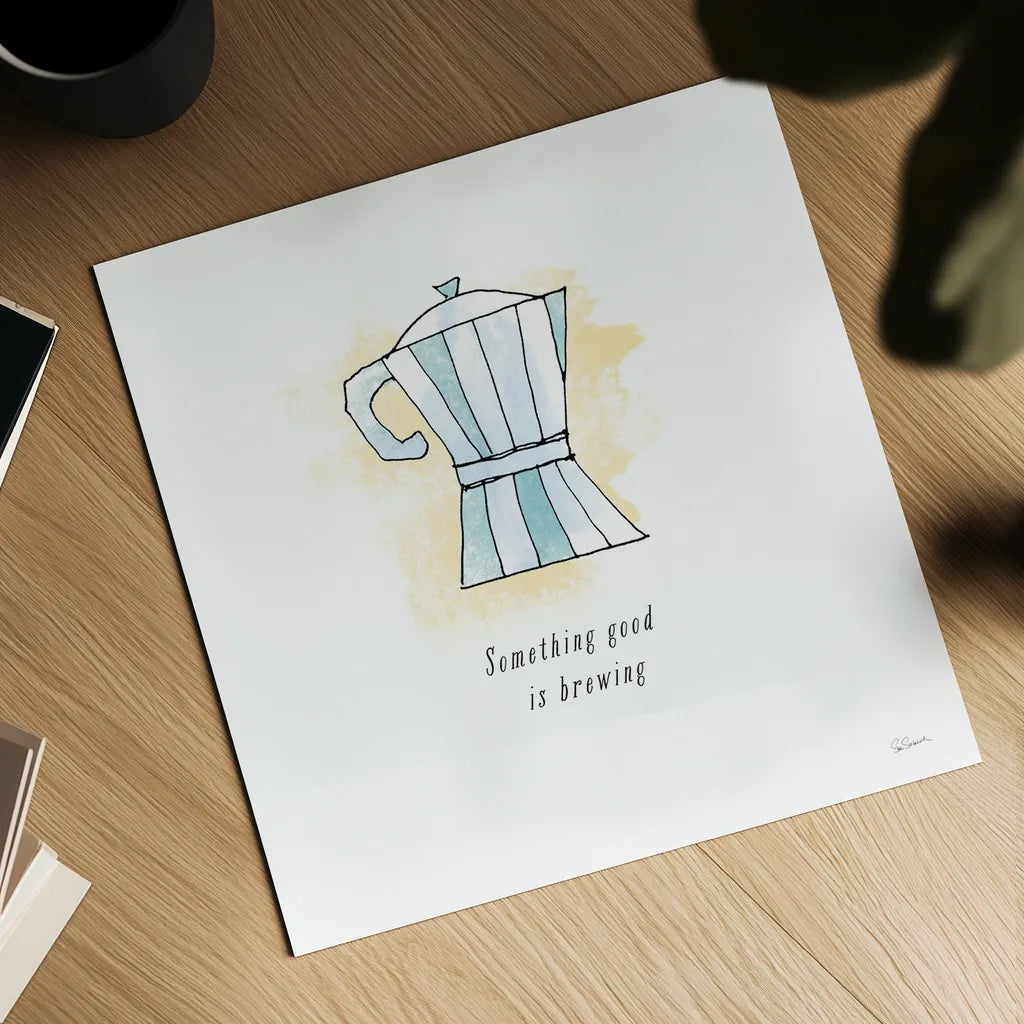 Good Brew I Black Text by Sue Schlabach. Shown as a detailed flat fine art print, highlighting archival giclee quality. Available as an archival giclee rolled canvas, fine art paper, or poster print. SKU 56994a.