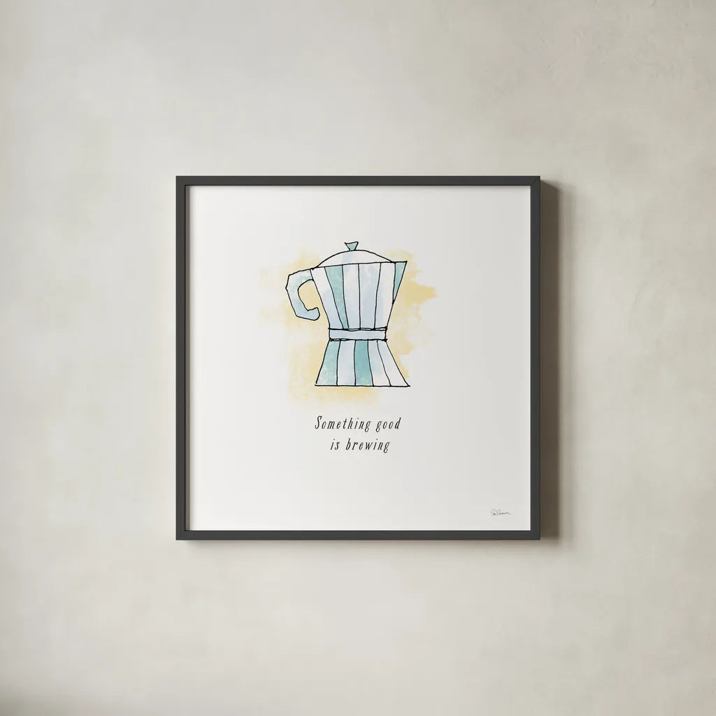 Good Brew I Black Text by Sue Schlabach. Shown in a sleek black glass frame for a contemporary gallery look. Available as an archival giclee rolled canvas, fine art paper, or poster print. SKU 56994a.