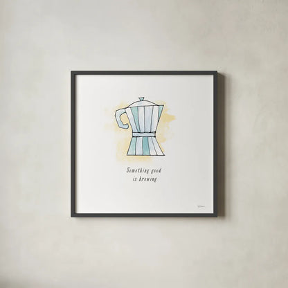 Good Brew I Black Text by Sue Schlabach. Shown in a sleek black glass frame for a contemporary gallery look. Available as an archival giclee rolled canvas, fine art paper, or poster print. SKU 56994a.