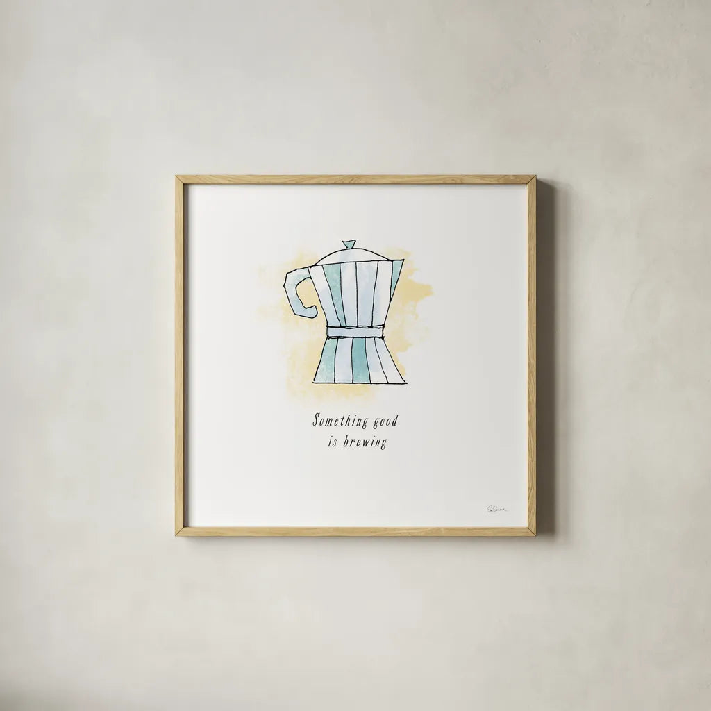 Good Brew I Black Text by Sue Schlabach. Shown in a natural wood glass frame for a timeless modern aesthetic. Available as an archival giclee rolled canvas, fine art paper, or poster print. SKU 56994a.