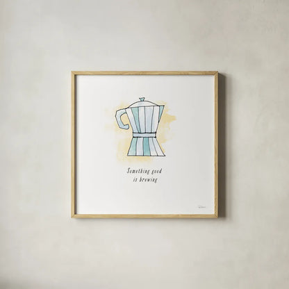 Good Brew I Black Text by Sue Schlabach. Shown in a natural wood glass frame for a timeless modern aesthetic. Available as an archival giclee rolled canvas, fine art paper, or poster print. SKU 56994a.