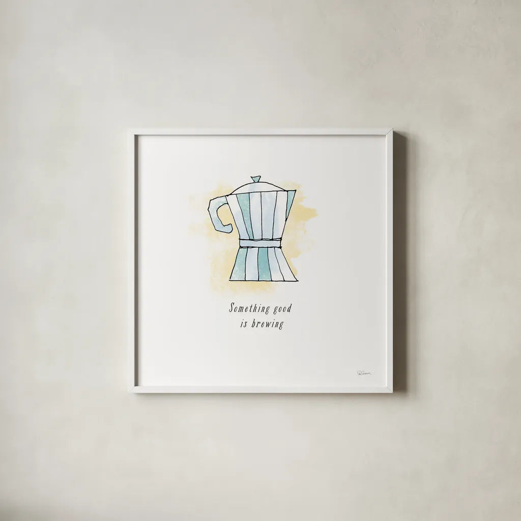 Good Brew I Black Text by Sue Schlabach. Shown in a crisp white glass frame for a clean and minimalist style. Available as an archival giclee rolled canvas, fine art paper, or poster print. SKU 56994a.