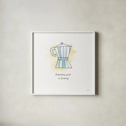 Good Brew I Black Text by Sue Schlabach. Shown in a crisp white glass frame for a clean and minimalist style. Available as an archival giclee rolled canvas, fine art paper, or poster print. SKU 56994a.