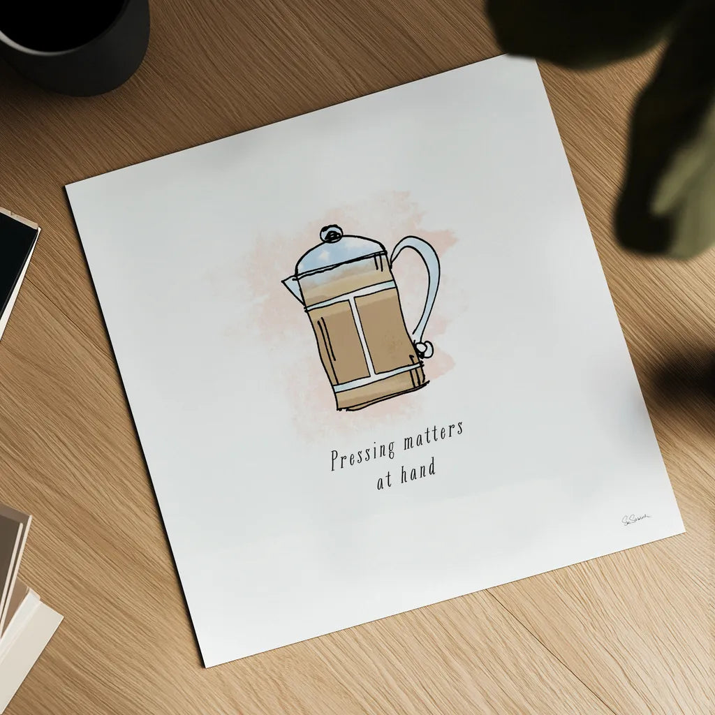 Good Brew IV Black Text by Sue Schlabach. Shown as a detailed flat fine art print, highlighting archival giclee quality. Available as an archival giclee rolled canvas, fine art paper, or poster print. SKU 56995a.