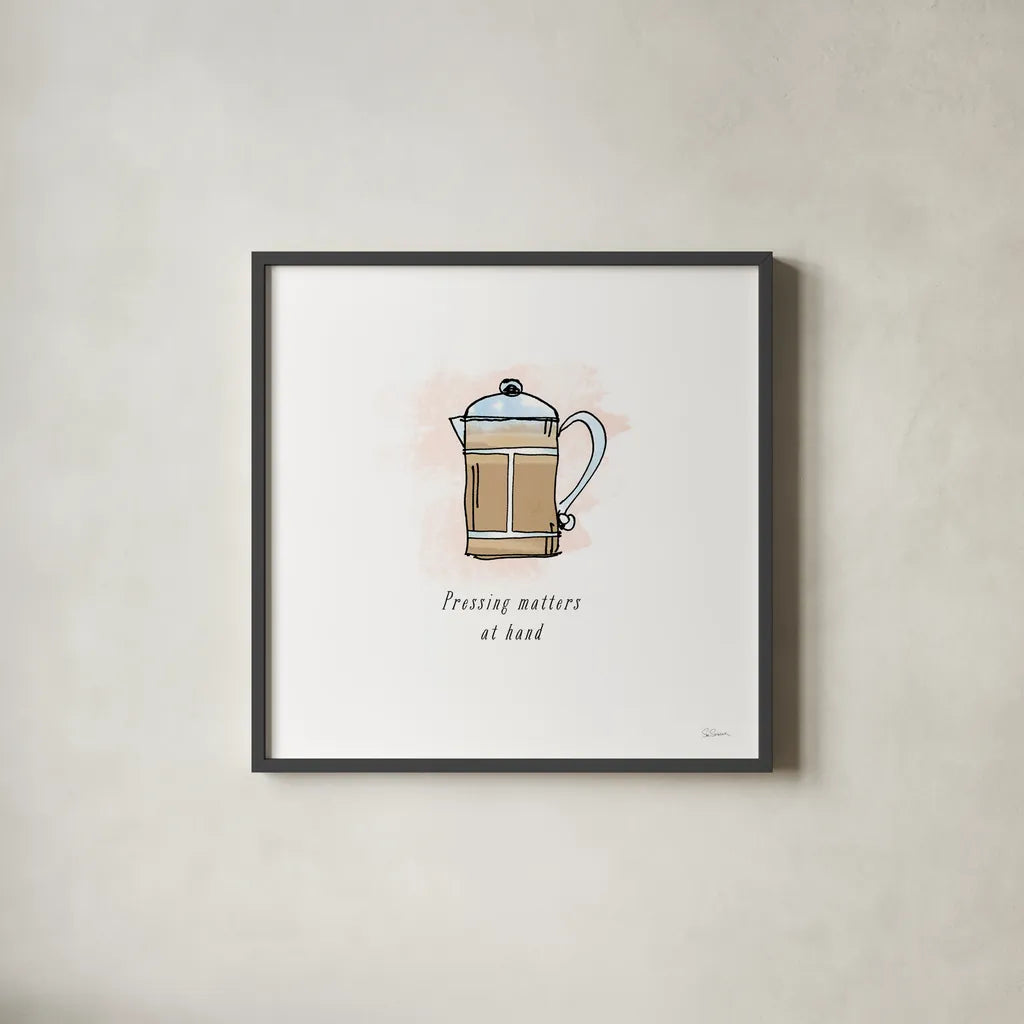 Good Brew IV Black Text by Sue Schlabach. Shown in a sleek black glass frame for a contemporary gallery look. Available as an archival giclee rolled canvas, fine art paper, or poster print. SKU 56995a.