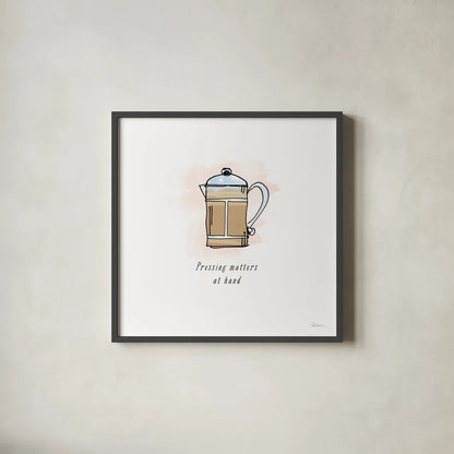 Good Brew IV Black Text by Sue Schlabach. Shown in a sleek black glass frame for a contemporary gallery look. Available as an archival giclee rolled canvas, fine art paper, or poster print. SKU 56995a.