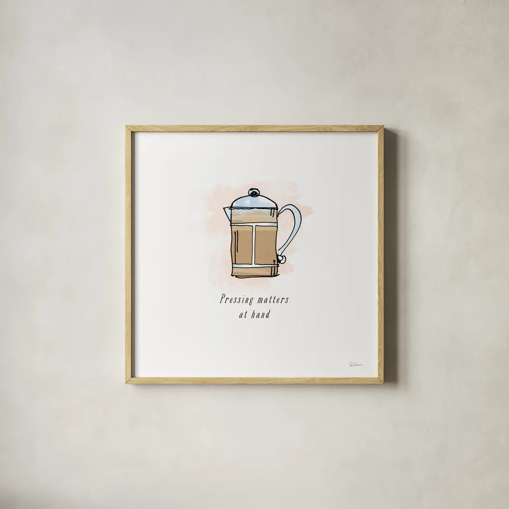 Good Brew IV Black Text by Sue Schlabach. Shown in a natural wood glass frame for a timeless modern aesthetic. Available as an archival giclee rolled canvas, fine art paper, or poster print. SKU 56995a.