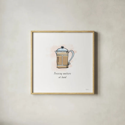 Good Brew IV Black Text by Sue Schlabach. Shown in a natural wood glass frame for a timeless modern aesthetic. Available as an archival giclee rolled canvas, fine art paper, or poster print. SKU 56995a.
