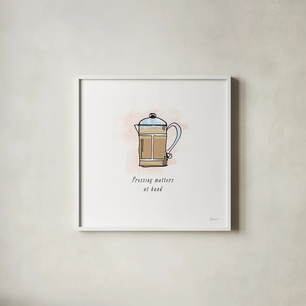 Good Brew IV Black Text by Sue Schlabach. Shown in a crisp white glass frame for a clean and minimalist style. Available as an archival giclee rolled canvas, fine art paper, or poster print. SKU 56995a.