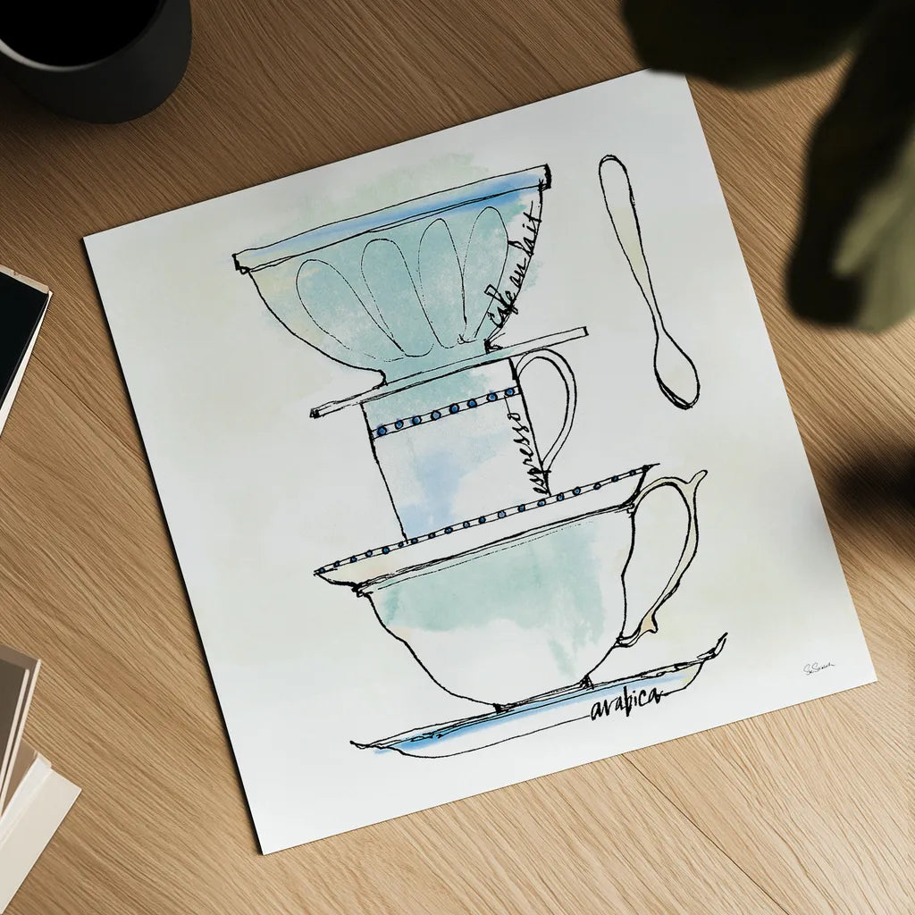 Good Brew V by Sue Schlabach. Shown as a detailed flat fine art print, highlighting archival giclee quality. Available as an archival giclee rolled canvas, fine art paper, or poster print. SKU 25047a.